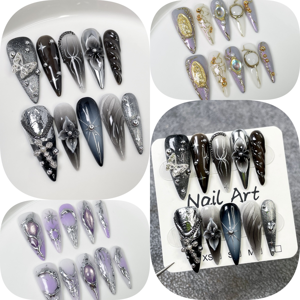 Pressed Flower Art - 10Pcs Kuku Palsu Stiletto Panjang Gradasi